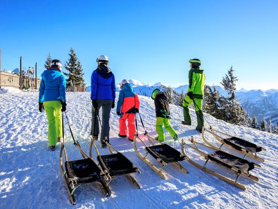 Family with tobogganing on the way to the sun terrace of the Hochwurzenhütte