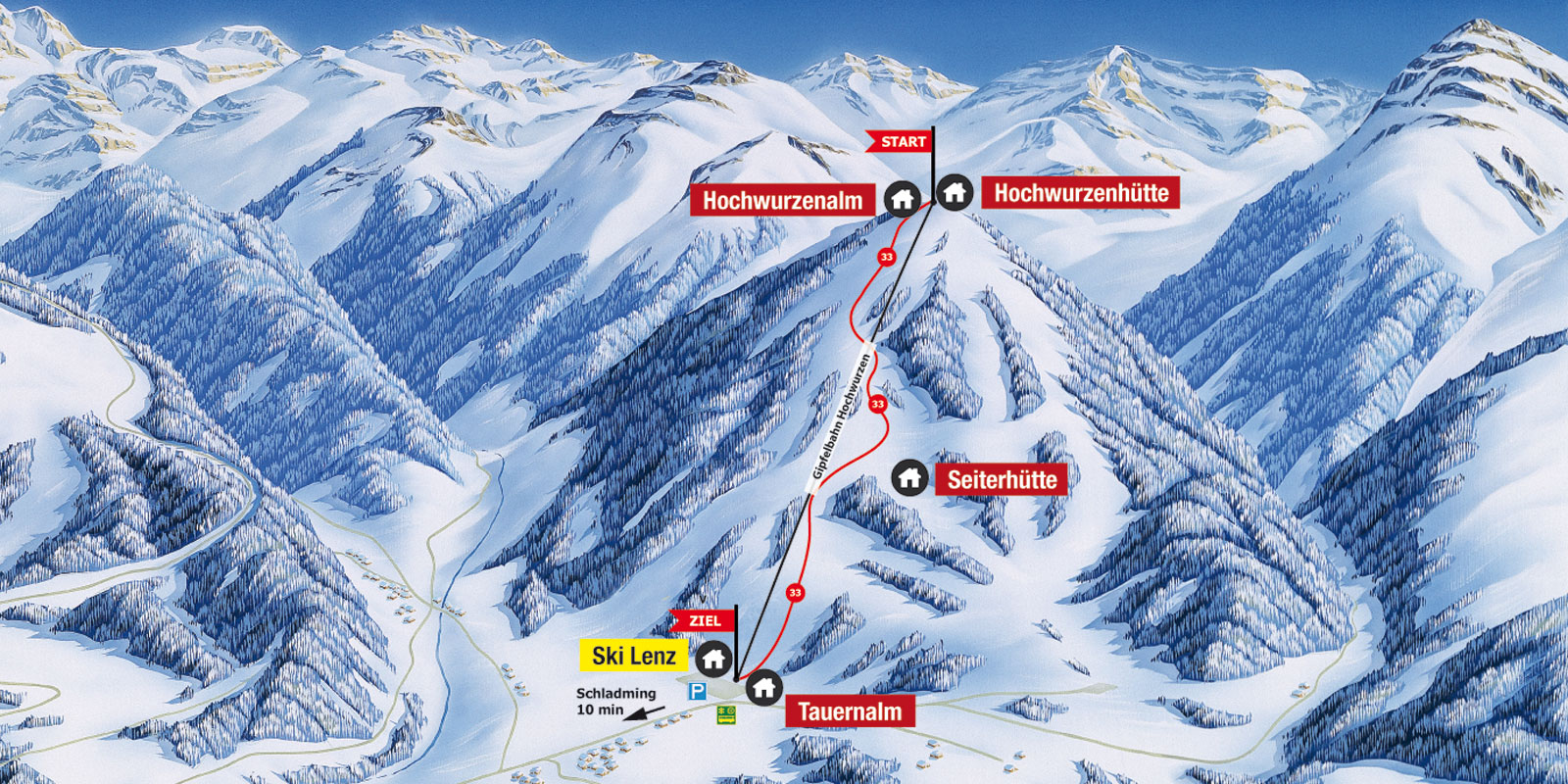 The illuminated ski slope no. 33 is marked red in the map.